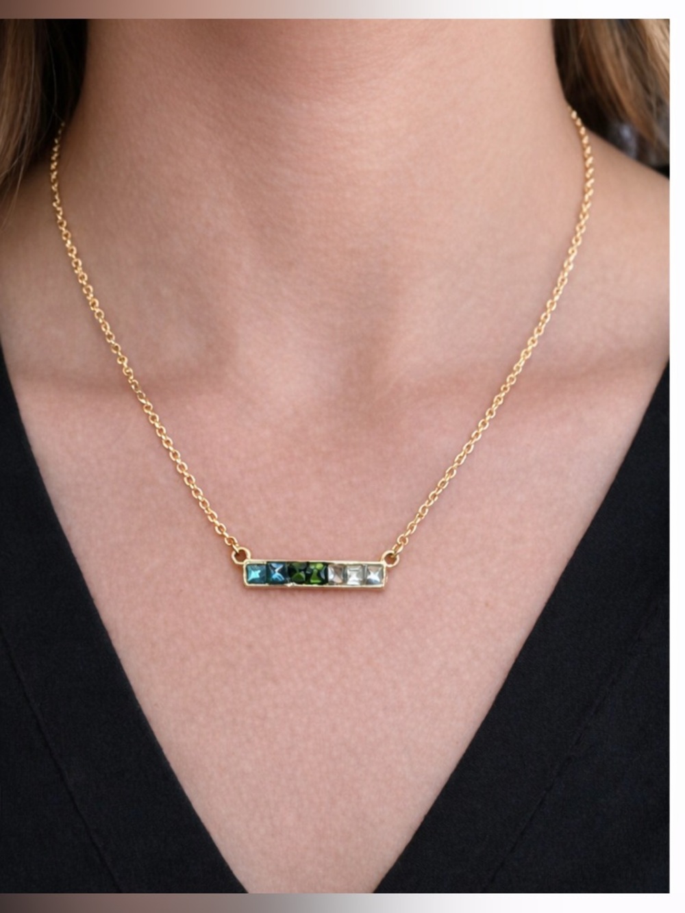 20” Gold Bar Necklace — Multicolor Gemstones, Dainty & Chic